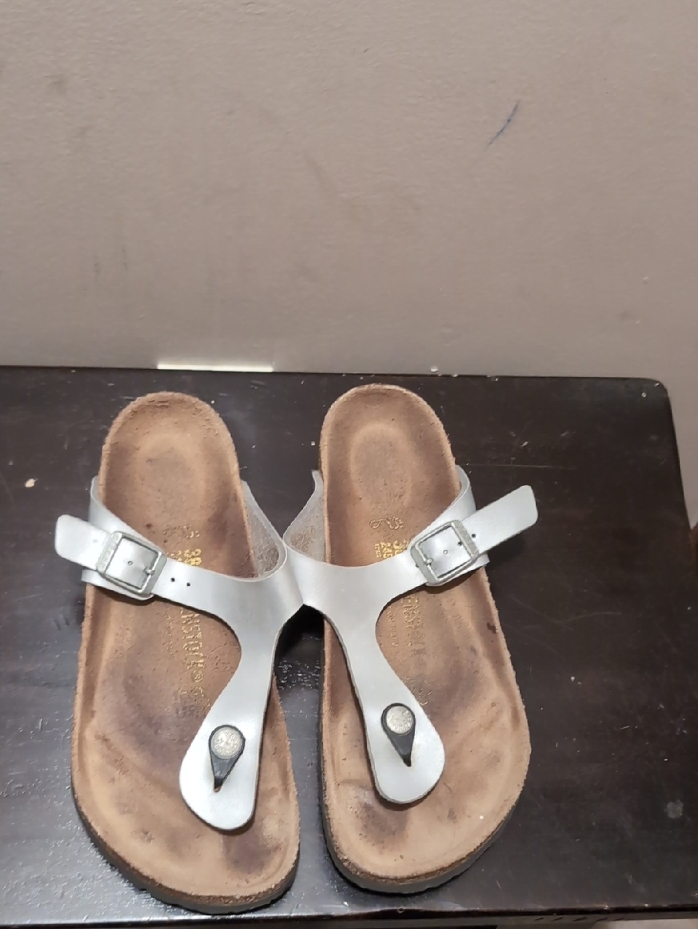 Birkenstock Silver T-Strap Cork Footbed Sandals